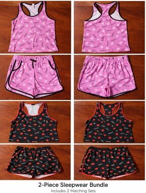 Double Set Sleepwear Bundle – Pink & Black “#Single” Heart Print Pajamas